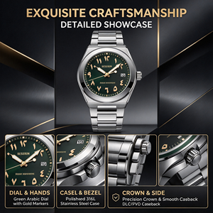 Reloj de Pulsera de Cuarzo Árabe Luminoso de Acero Inoxidable 316L de Marca Privada con Esfera de Acero Inoxidable de 42 mm, Cristal Mineral, Resistente al Agua - Product Image 4