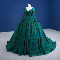 AL1187 Robe de Soirée Élégante Femme Manches Longues Brodée de Perles et de Paillettes Verte pour Mariage avec Décoration en Cristaux