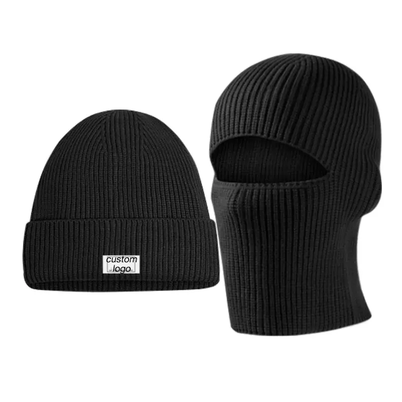 2 in 1 Thermal balaclava personalizada cuff brim beanie sport knitted winter balaclava beanie hat cap