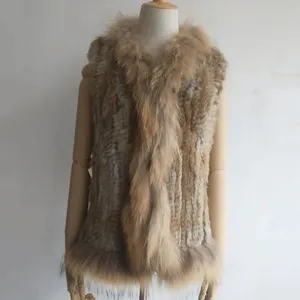2024 Mới Mùa Thu Dệt Kim Bất Thỏ Fur Vest Với Gấu Trúc Cổ Áo Lông Thú Thời Trang Phụ Nữ Chính Hãng Lông Gilet Không Tay Áo Outwear