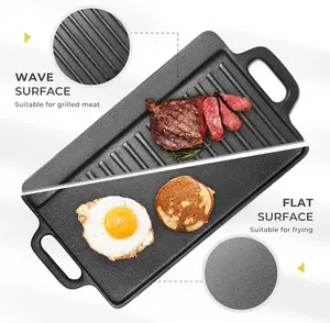 Voorgekruide Non-Stick Gietijzeren Omkeerbare Grill Grill Pan Oven Kampvuur Dubbele Kachel Top Koekenpan 2-In-1