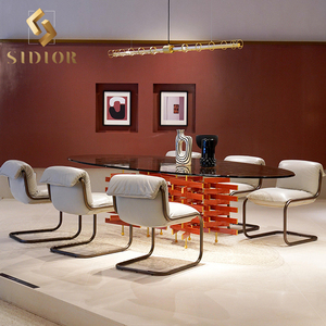 Modern Tempered Glass Leg Red Marble <strong>Dining</strong> <strong>Room</strong> Tables <strong>6</strong> 8 10 Seater Marble <strong>Dining</strong> Tables <strong>Set</strong> and <strong>Chair</strong> for Villa Apartment - Product Image 1
