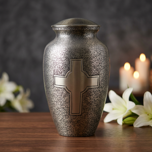 Urne funéraire noire avec motif croix pour adulte, finition métallique durable - Artisanat indien - Product Image 3