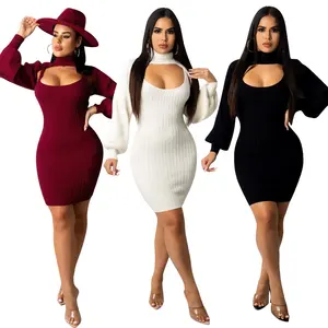 Fall Winter Plus Size Euro-Amerikaanse Hot Sales Vrouwen Bodycon Jurk Ballon Mouw Gebreide Dames Jurk Pit Trui Jurk voor Vrouwen