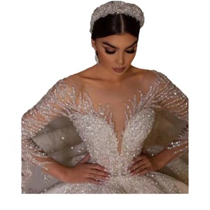 Princess Ball Gown Wedding Dress V Neck Long <b>Sleeve</b> Beaded Chiffon White Ivory With Train Plus Size <b>Bridal</b> Gown - Product Image 5