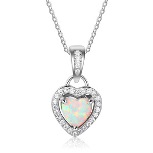 Classic Trendy Rhodium Plated S925 Sterling Silver Heart Opal Claw Setting Pendant Necklace Clavicle Chain Hypoallergenic <b>Gift</b> - Product Image 1