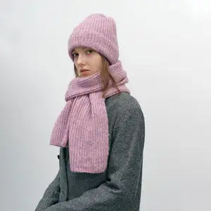 Wholesale Elegant Plain knitted hat and scarf new arrival knitted scarf set rib knitted solid knitted hat scarf set