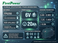Batería Recargable de Plomo-Ácido Libre de Mantenimiento FirstPower FP6200 6V20Ah para UPS, Vehículos Eléctricos y Equipos Médicos