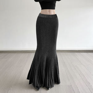 Falda larga retro de punto con costuras en contraste, estilo gótico oscuro, corte sirena, cintura alta y ajuste ceñido para mujer - Product Image 5