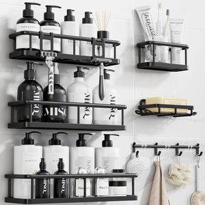 5 Piece Metal Bathroom Accessories Set Organizer Drill Free Shower Wall <b>Shelves</b> with <b>Hooks</b> for Toiletries - Product Image 1