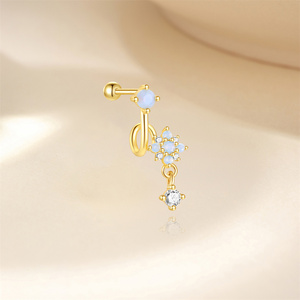 Pendientes de Plata de Ley 925 con Baño de Oro de 18K para Mujer, Diseño Floral con Bola Redonda en la Parte Posterior - Product Image 3