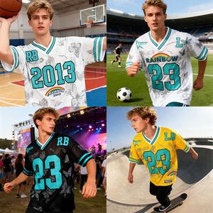 Camiseta de malla con cuello en V impresa por transferencia de calor con números y letras de gran tamaño para deportes de calle unisex, camiseta personalizada - Product Image 2