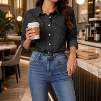 Chemise en jean gris anthracite vintage pour femme, chemisier en jean à manches longues de haute qualité avec poches, denim en coton lavé élégant