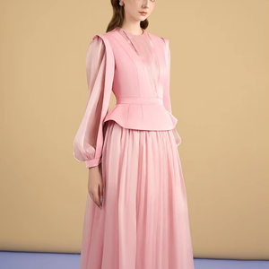 Pink Skater Dress with Sleeves - Long Sleeve V-Neck Mini