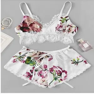 Cozy Set Piyama Sutra Satin Wanita, Pakaian Tidur Perempuan 2 Potong Renda Mewah Grosir Usa