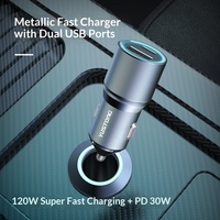 Chargeur de voiture 120W double port USB C PD30W - Adaptateur de charge rapide universel pour voiture avec protocole QC, gris métallisé, 2-en-1