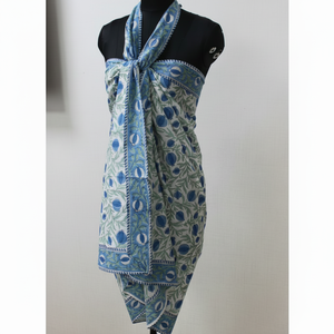 Pareo de algodón suave Queen/Pareo azul celadón verde indio Floral estampado a mano Regalo para mamá amiga dama de honor Mujer ropa de playa - Product Image 1