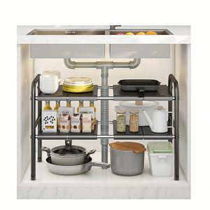 2 Tier Removable Panel Metal Carbon Steel Extendable Multilayer Under Sink Pot <b>Pan</b> Organizer Rack Shoes Rack - Product Image 1
