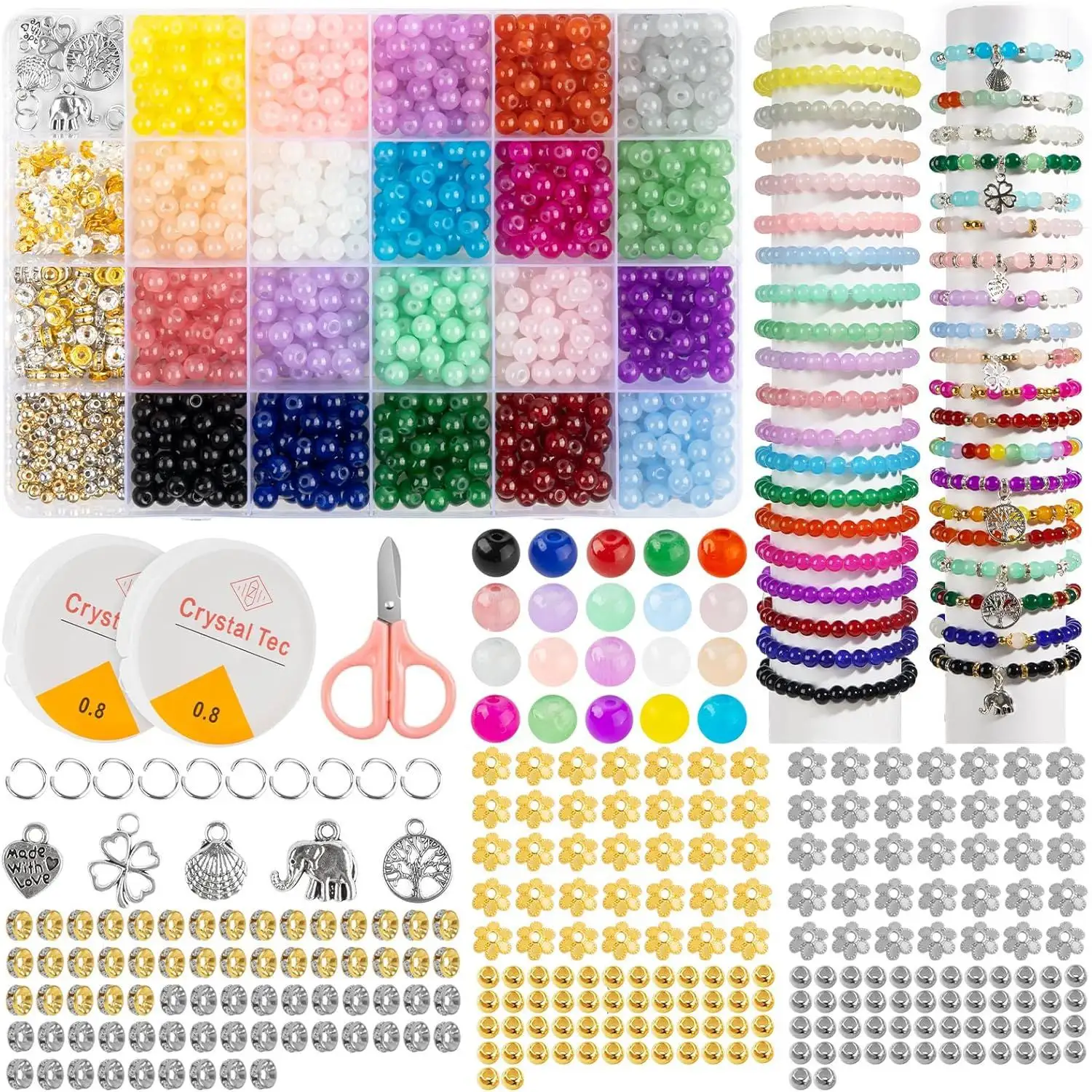 Conjunto de miçangas de vidro para pulseiras, kit de miçangas com letras e cores mistas, 6 mm, kit de artesanato com miçangas para pulseiras