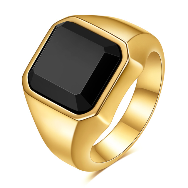Rock Punk Pinky Ring Jewelry, 18K Gold Plated Stainless Steel Square Agate Rings for Men,Fashion Mens Black Onyx Signet Ring