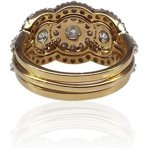 14k Yellow Gold Round Brilliant Diamond Three Stone Halo Engagement <b>Ring</b> Women's Bridal Jewelry Set - Product Image 3