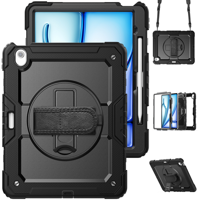 360 Degree Rotatable 3-Layer Muti-functional Tablet Cover with Pen Slot with Shoulder Strap Tablet Case for iPad Air13 M2 (2024)