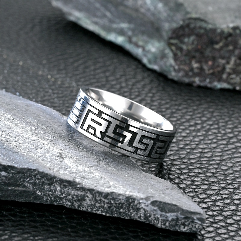 8MM Stainless Steel Carved Sea Wave Great Wall Pattern Retro Rings