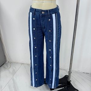 กางเกงยีนส์ขากว้างทรงวินเทจสำหรับผู้หญิงรุ่นใหม่ล่าสุด ดีไซน์โดดเด่นด้วยกระดุมด้านหน้า ชายผ่าสีตัดต่อ แฟชั่น - Product Image 6