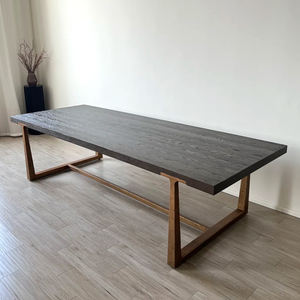 RH Couture-Table de salle à manger en T, base en laiton massif coulé à la cire perdue avec finition patinée, dessus en chêne brossé à la main pour intérieurs de luxe - Product Image 1