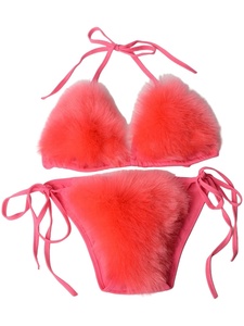 Ensemble bikini femme en fausse fourrure moelleuse, style licou, triangle à nouer sur le côté, pour plage, piscine, tenue de club, costume de scène, personnalisable - Product Image 2