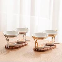 Nouveau diffuseur d'huiles essentielles créatif en céramique à deux pots avec base en bois, support pour bougie chauffe-plat, chauffe-huile d'aromathérapie