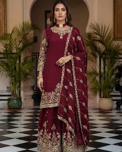 Conjunto de traje indio pakistaní de seda bordada en color rojo vino, Salwar Kameez Dupatta, atuendo tradicional para bodas y fiestas para mujeres, ropa elegante. - Product Image 1