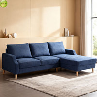 Sofá Moderno de Tela Suave Azul Marino de 3 Plazas en Forma de L con Chaise Longue y Patas de Madera Maciza para Sala de Estar/Apartamento/Hotel/Oficina