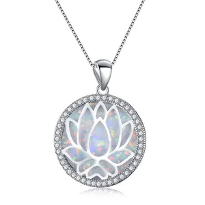 Beautiful White Opal Lotus Round Pendant Necklace Buddhism Religious Jewelry with CZ for Wholesale
