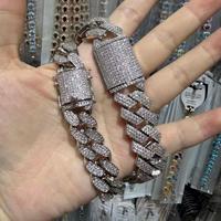 Ensemble collier et bracelet pour homme en argent plaqué, chaîne cubaine entièrement sertie de micro-pavés de zircon, bijoux hip-hop tendance