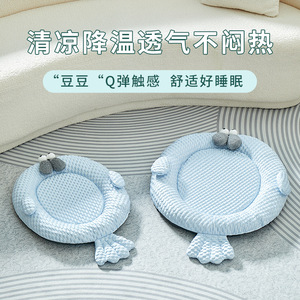 Cat <b>Bed</b> Round Light Blue Breathable Polyester Fiber Pet Sleeping <b>Pad</b> Four Seasons Use - Product Image 3