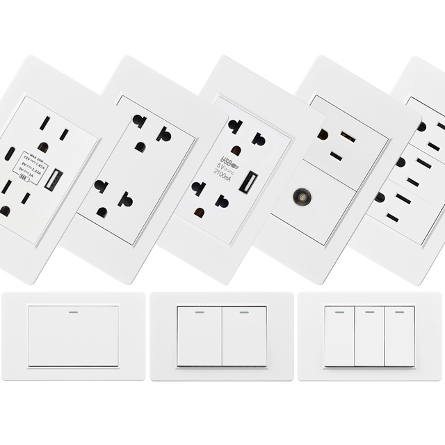 118 Wall Light Switch and Socket Usb and Type c Plug US Home Switch Charger Power Wall Socket With Usb Ports 1/2/3gang 2way