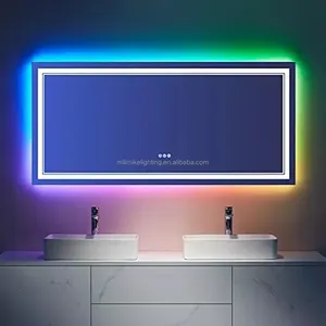 現代的な壁掛け装飾ミラースマートRGB色変更LEDバックライト付きバスルームメイクアップミラー、ライトとデフォッガー付き
