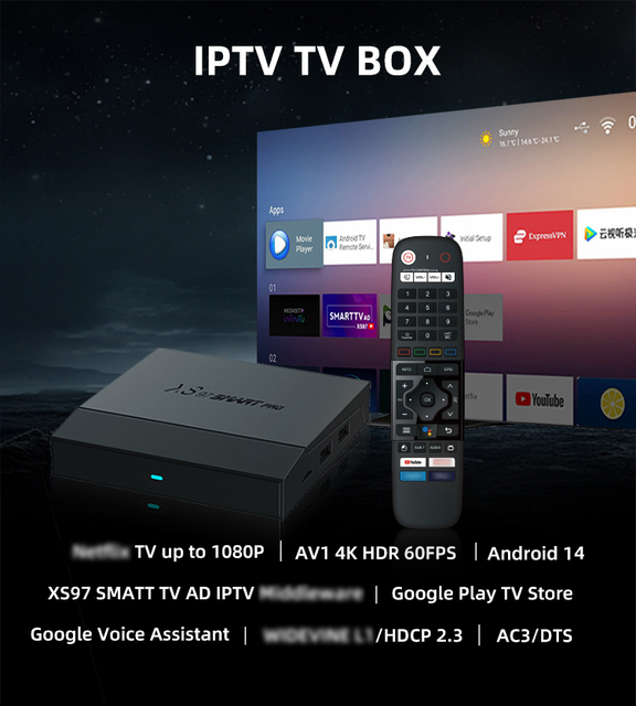 Custom XS97 Smart Pro TV Box 4GB+32GB Android 14 Dual Band WiFi 4K Set-Top Box Quad Core Amlogic S905X4
