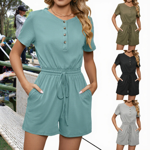 Spring Summer New Solid Color Loose Short-sleeved Button-up Pocket Polyester Nonwoven Knee Length One-piece <b>Clothes</b> - Product Image 3