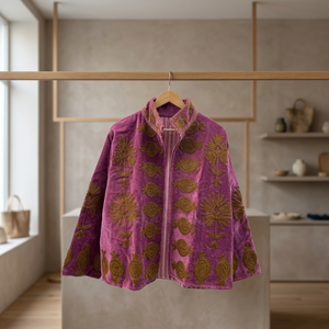 Hand Embroidered Purple <b>Velvet</b> Suzani <b>Jacket</b> <b>Women</b> Gold Floral Pomegranate Chain Stitch Quilted Coat Vintage Ethnic Open Front - Product Image 1