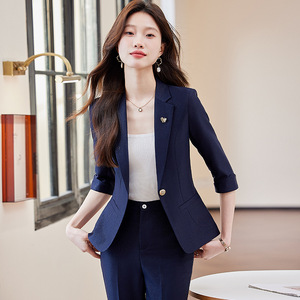 Women's 3/4 Sleeve Blazer Suit Set Spring Casual Professional Work Clothes Breathable Polyester Fabric - Product Image 2