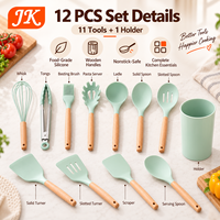 Ensemble d'ustensiles de cuisine en silicone Jinke, 12 pièces, manche en bois, antiadhésif, écologique, spatule, cuillère, fouet, support de rangement