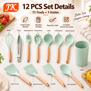 Juego de utensilios de cocina de silicona Jinke de 12 piezas con mango de madera, antiadherentes, ecológicos, espátula, cuchara, batidor y soporte de almacenamiento. - Product Image 2