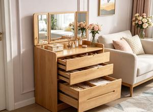 Premium Solid Oak 3 Drawer Dresser Dressing Cabinet With Detachable <b>Mirror</b> Bedroom Makeup <b>Vanity</b> Chest - Product Image 2