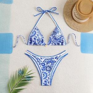 Blue and white porcelain floral print sports <b>bikini</b> backless swimsuit <b>set</b> - Product Image 3