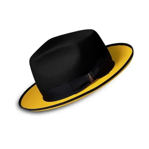 Unisex yellow Black Wool Felt Fedora <b>Hat</b> Wide Flat Brim Formal Dress <b>Hat</b> 56-58CM Adult Vintage Style - Product Image 2