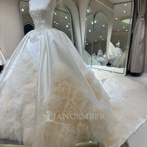 Dw0236 Stunning Strapless Beaded Corset Split Satin Front Feathery Ruffle <b>Tulle</b> Ball Gown Wedding Dress Jancember - Product Image 6