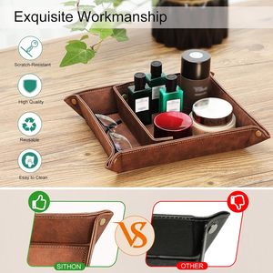 ถาดเก็บของอเนกประสงค์แบบพับได้ หนัง PU ลายสี่เหลี่ยมคู่ หนา 3 มม. สำหรับวางข้างเตียง โต๊ะทำงาน หรือในห้องน้ำ เหมาะสำหรับเก็บเครื่องประดับ - Product Image 2
