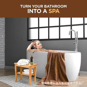 Tabouret de salle de bain en bambou, étagère de rangement à 2 niveaux, banc de douche en bois, couleur bois naturel, usage domestique - Product Image 2